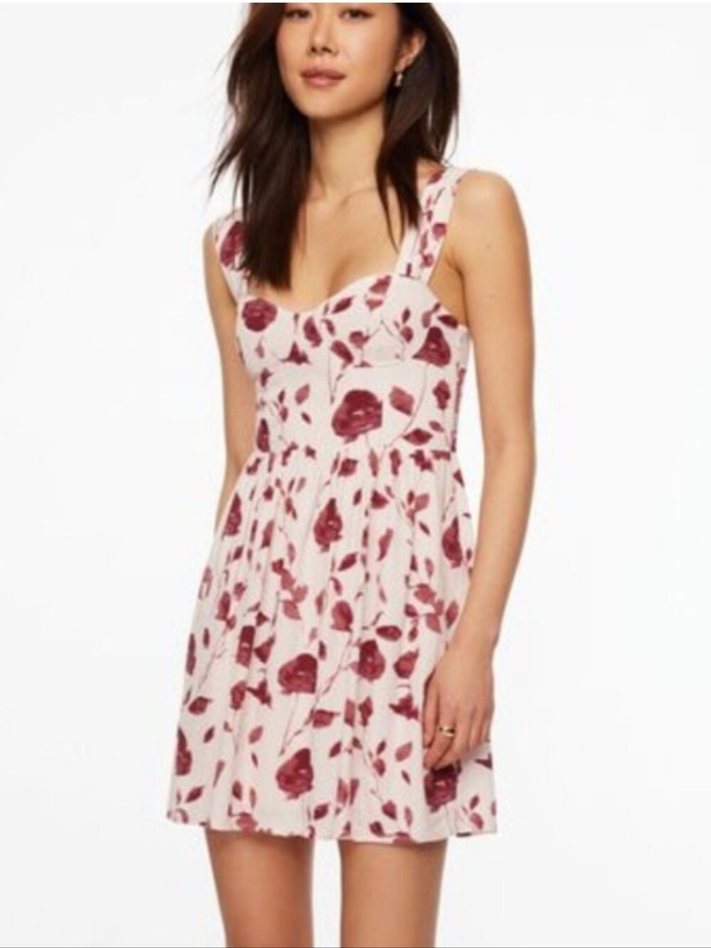 NWOT Dynamite Jasmine Flare Mini Dress Floral Rose Burgundy Cream Small
